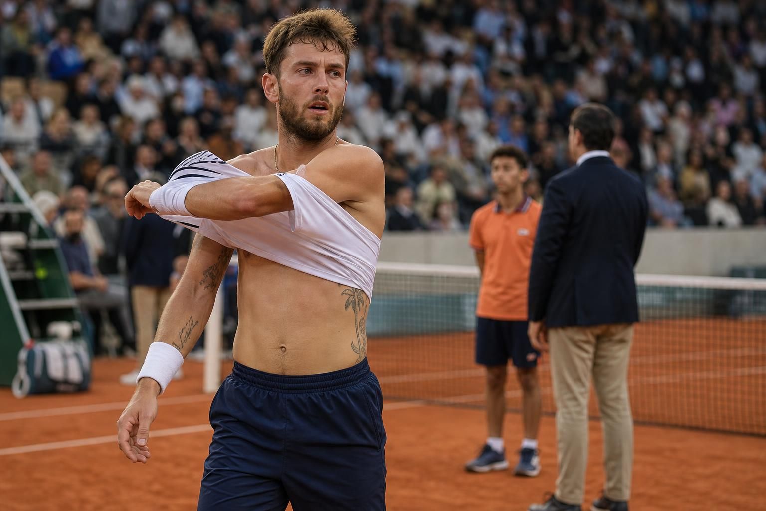 watch as corentin moutet unexpectedly strips down mid-match during a thrilling tennis showdown, facing penalties for his controversial actions on the court.