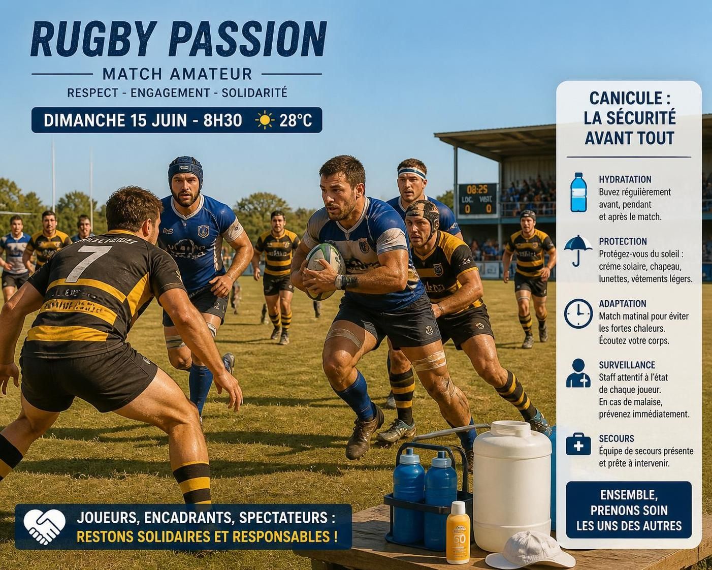 les rencontres de rugby amateur de ce dimanche sont avancées à 10h en raison de la canicule, assurant la sécurité des joueurs et des spectateurs.