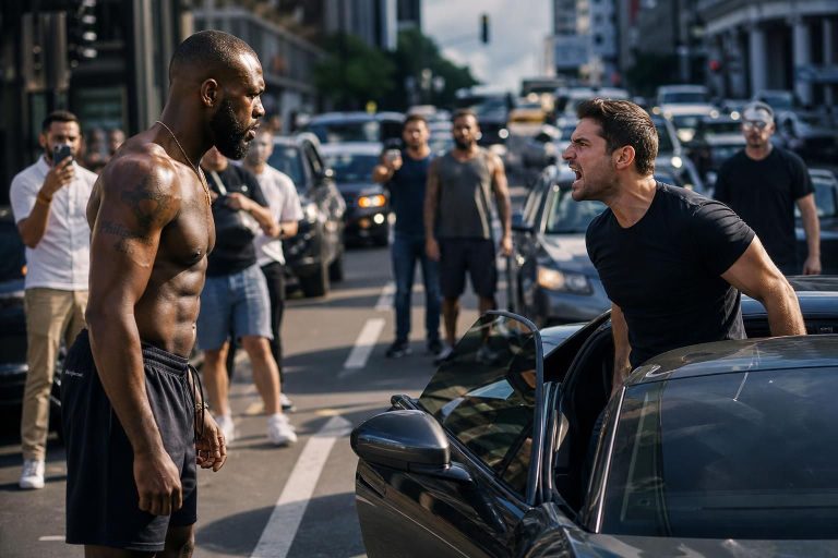 watch the intense mma showdown as a driver's road rage escalates into an unexpected face-off with jon jones. dramatic video captures the heated clash in the heat of the moment.