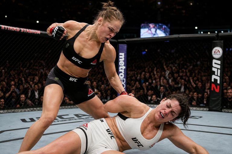 experience the thrilling mma showdown as ruthless legend ronda rousey dominates gina carano in just 17 seconds, showcasing unmatched speed and power.