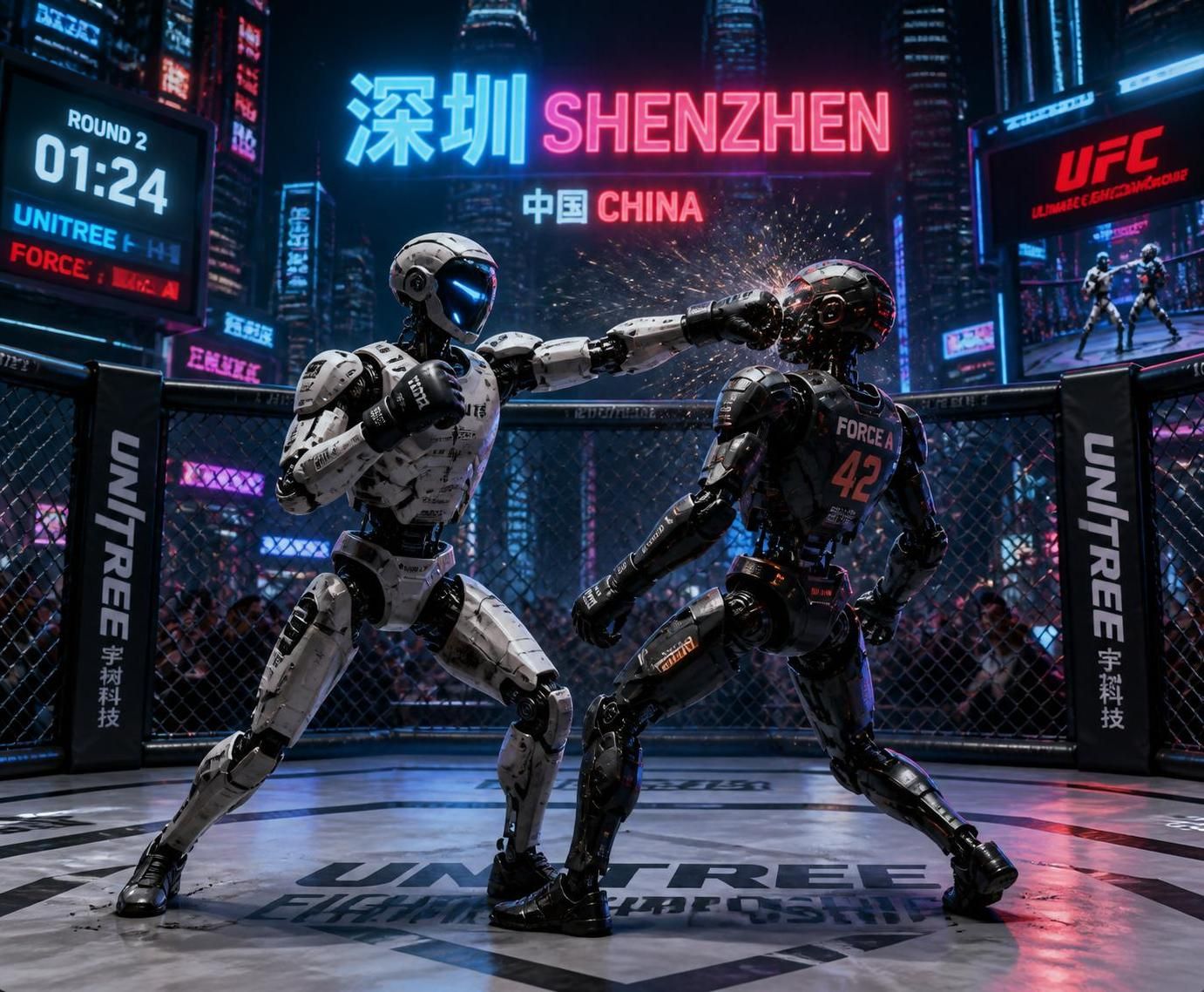 explore the future of robotics as robots compete in an mma octagon in china, showcasing cutting-edge technology from a futuristic laboratory. - rtbf news