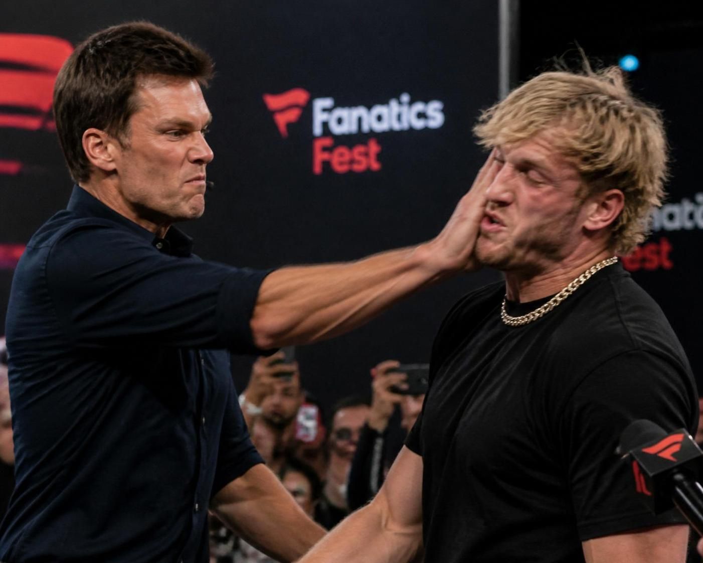 tom brady intensifies his feud with logan paul by unexpectedly slapping the wrestler during a live event, sparking shock and excitement among fans.