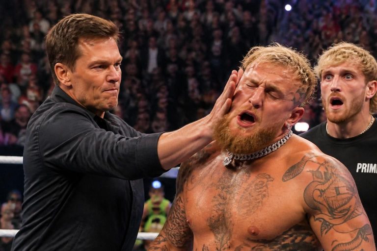 tom brady intensifies his feud with logan paul by unexpectedly slapping the wrestler during a live event, sparking controversy and catching fans by surprise.