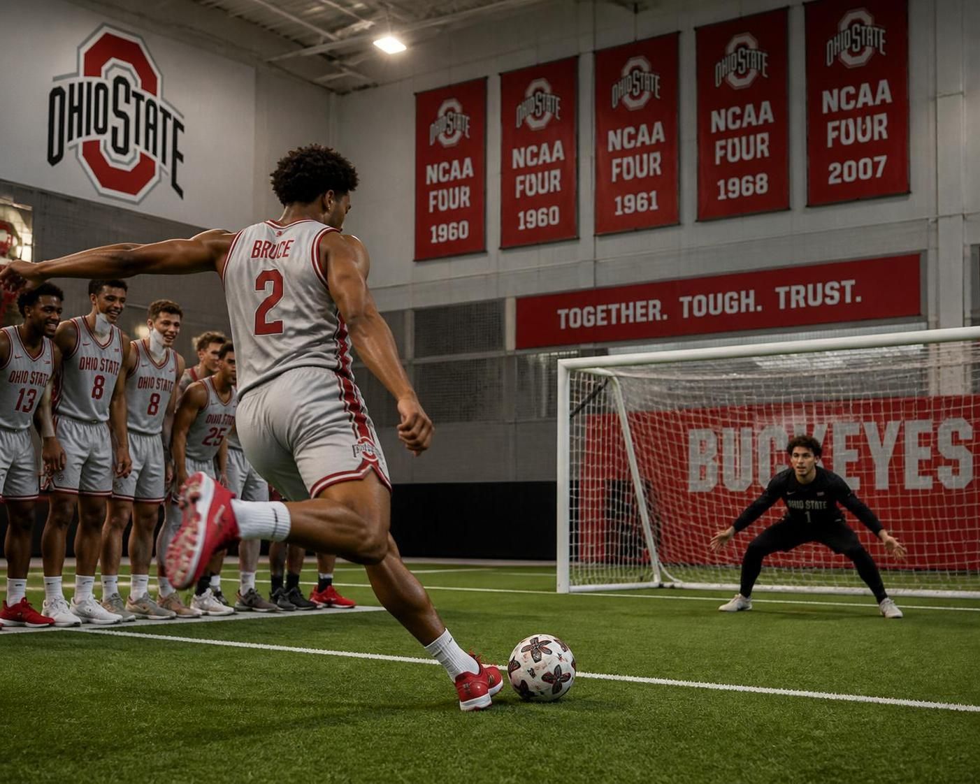 watch ohio state basketball players compete in a fun penalty kick challenge, showcasing their skills and teamwork on the field.